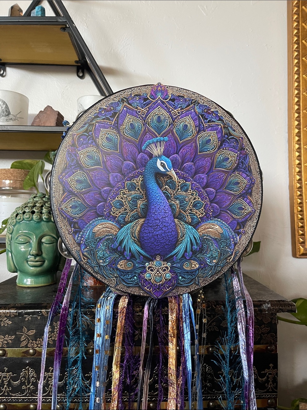 Boho Peacock Wall Hanging Tambourine — Purple & Teal Feathered Dream